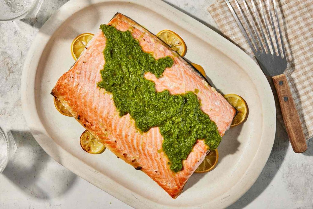 Lemon-Roasted Salmon with Green Herb Sauce Is a Bright & Easy Dinner